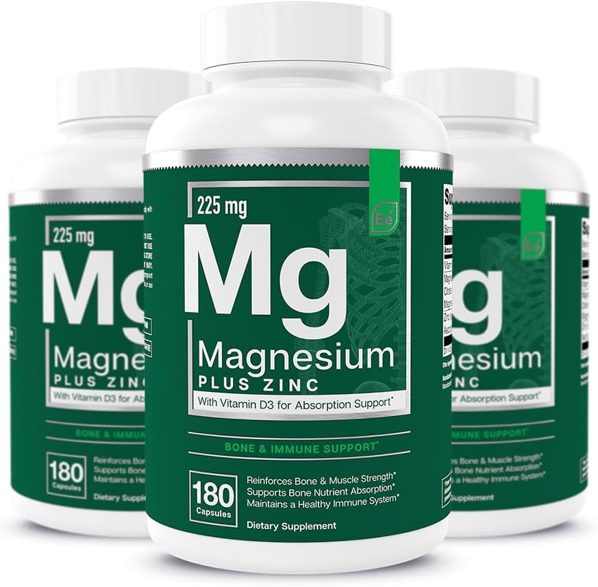 Các thành phần thiết yếu là Magnesium Plus Zinc với trái tim khoa học D3, xương và cơ hỗ trợ 225mg 3-Strength Manestium với Glycinate, Malate, Citrate 540 Count