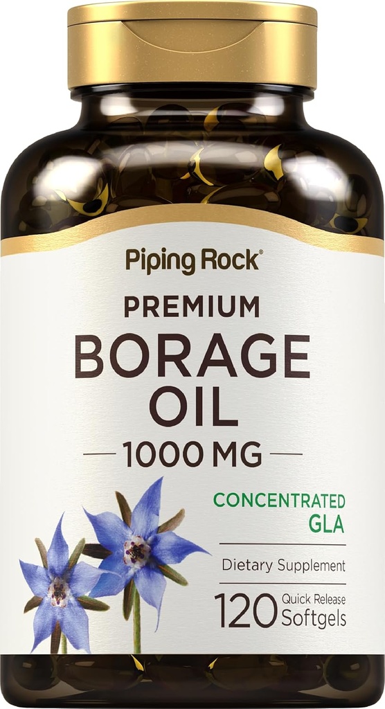 Piping Rock Borage שמן תוסף | 1000 מ"ג Softgel קפסולות | 120 Count | Cold Pressed | Hexane Free | Non-GMO, Gluten Free Supplement