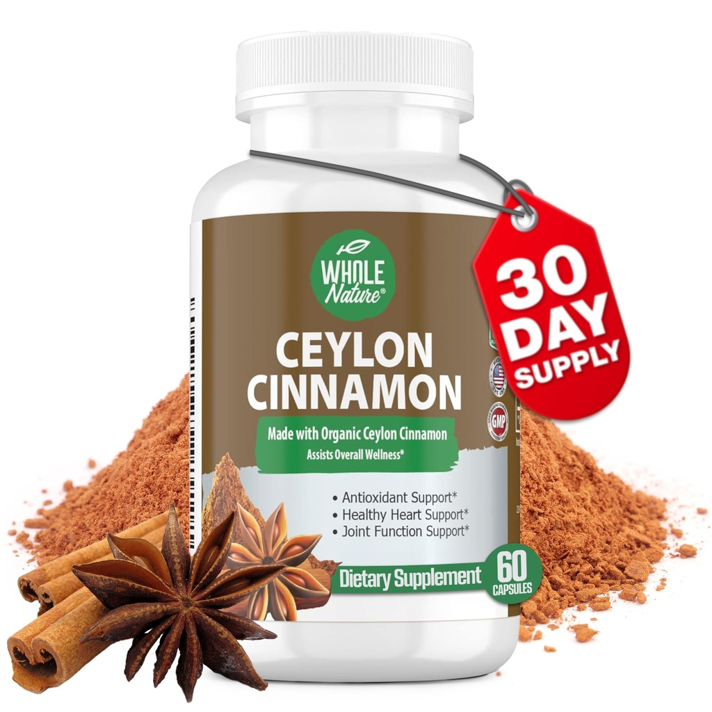 Cinnamon Capsules 1200mg. Organic Ceylon Cinnamon Supplement, Cinnamon Pills Support Heart, Brain, Bone, Joint, Metabolism. True Cinnamon Powder, Non-GMO, Gluten Free, Vegan 60 ct (1)
