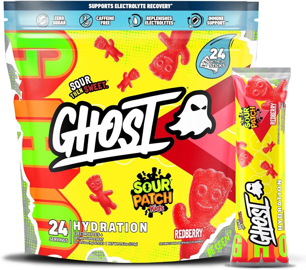 GHOST drėkinimo paketai, Sour Patch Kids Redberry, 24 Stikės, Elektrolyte milteliai - Geriamasis mišinys su magnio, kalio, kalcio, vitamino C - Vegan, Be sojos, Cukrus ir gluten