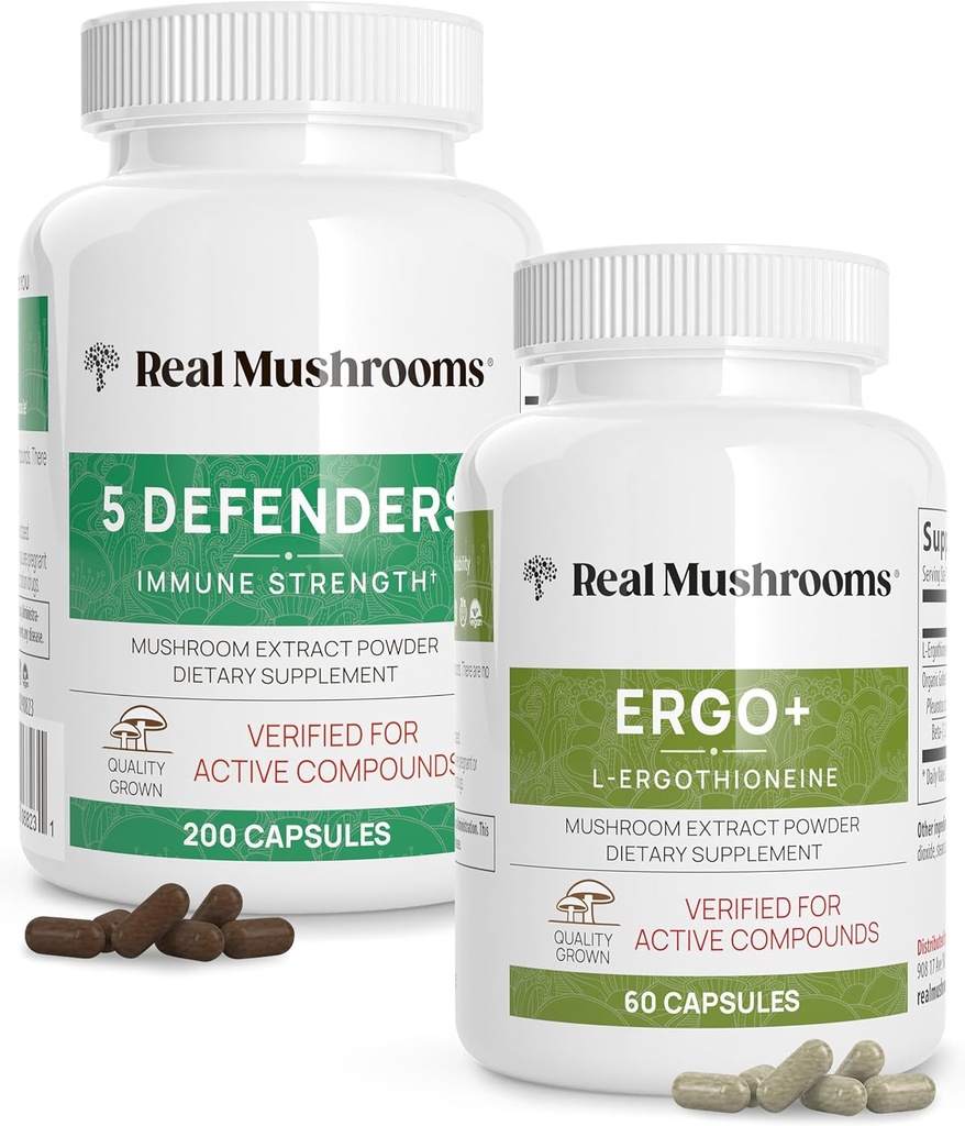 Real Mushrooms Ergothioneine (60ct) and 5 Defenders (200ct) Bundle - with Turkey Tail, Shiitake, Reishi, Chaga, Maitake, Oyster - Natural Longevity and Immune Strength - Vegan, Gluten Free, Non-GMO