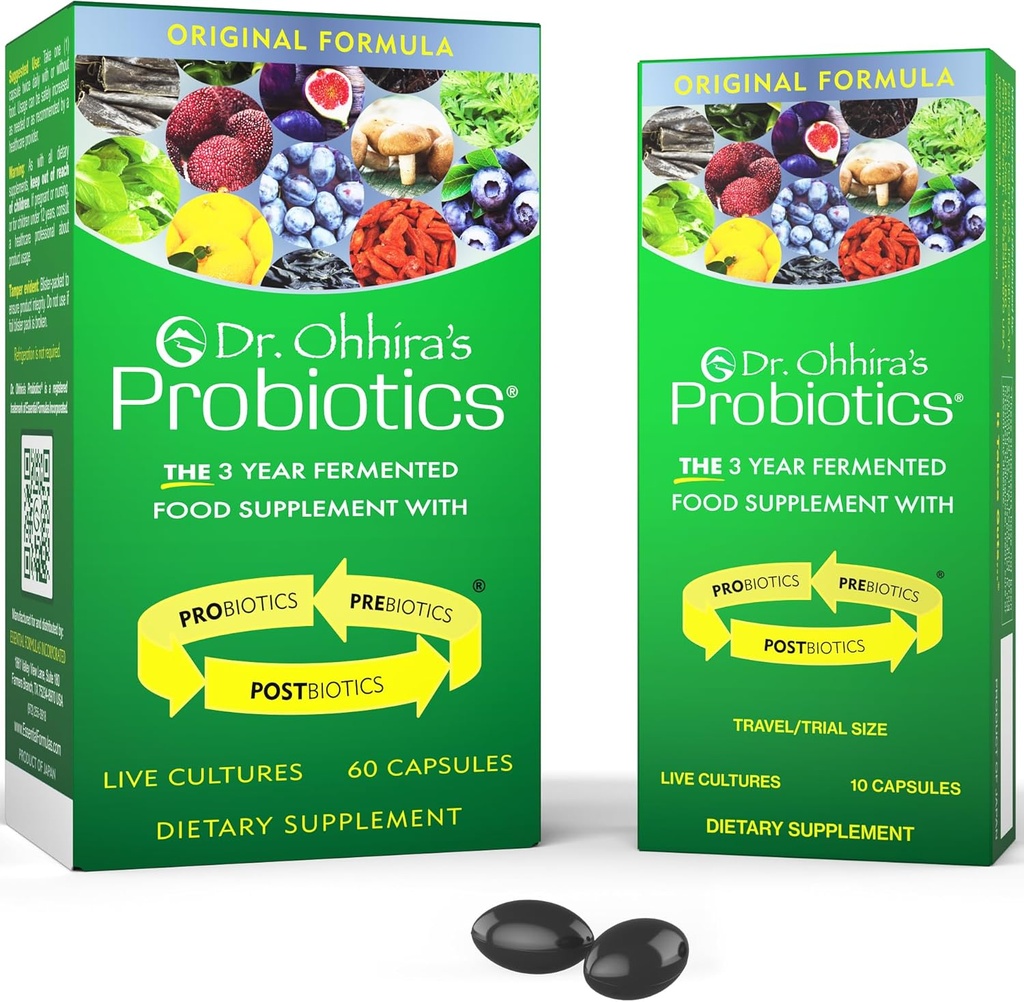 Dr Ohhira Probióticos, Fórmula orixinal, 60 Caps con Bonus 10 Capsule Travel Pack - 13 Probióticos Strains con Prebióticos e postbióticos