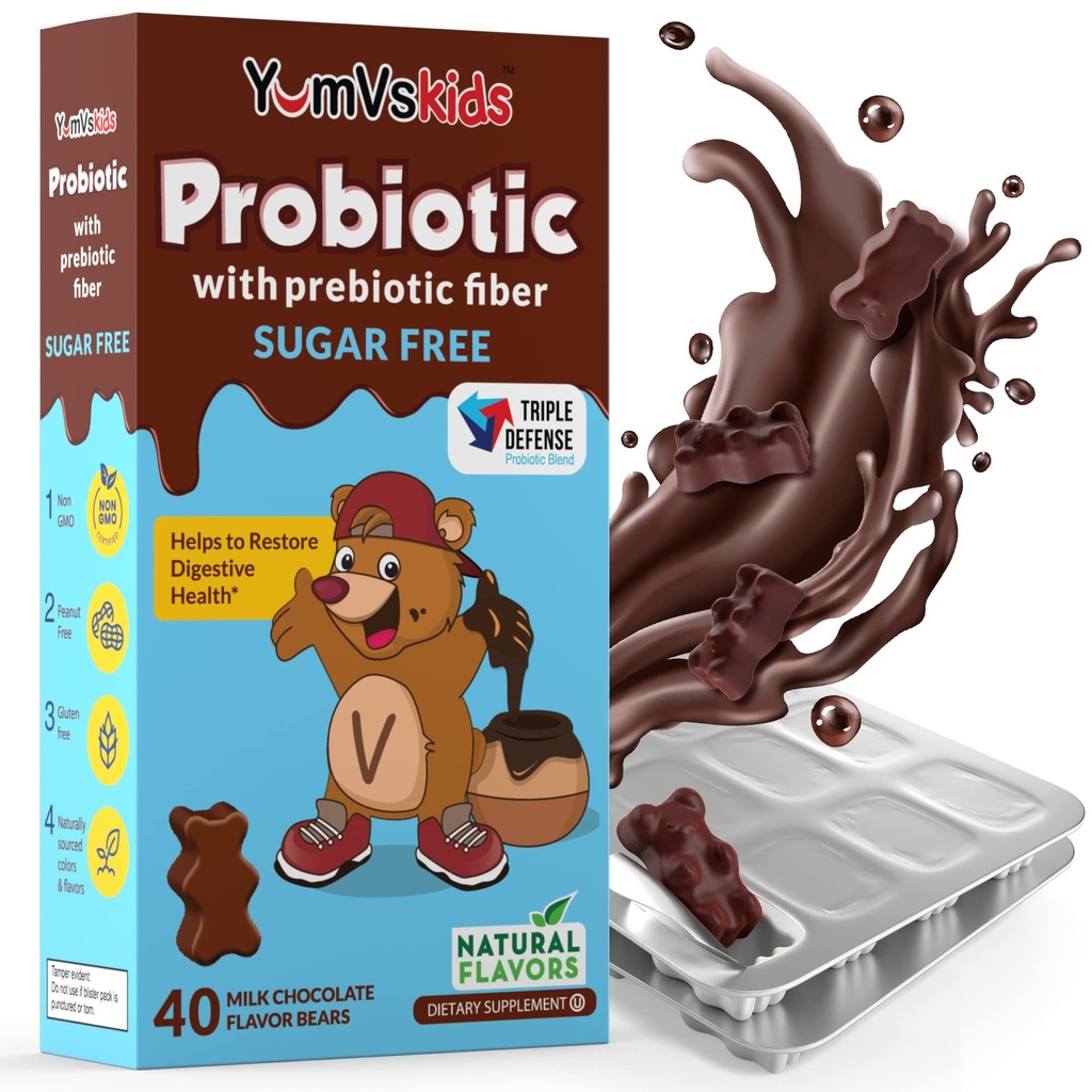 YumVs Probiotics for Kids with Prebiotic Fiber Sugar Free Chocolate Chewable Supplements - Dietary Supplement Chewables for Digestive Health - Toddlers, Kids & Teens 60 Count