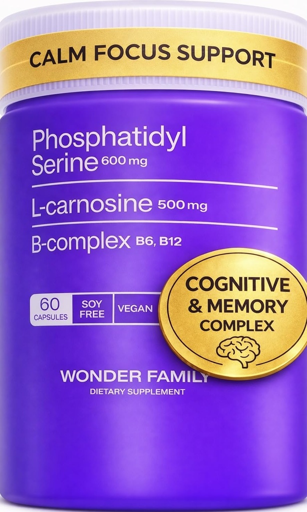 Phosphatidylserine 600 mg with L-Carnosine 500 mg + B6, B12 & Folate — Non-Soy Sunflower Lecithin PS Complex — Plant-Based, Non-GMO — Supports Cognitive Function, Cell Membrane Integrity — 60 Capsules