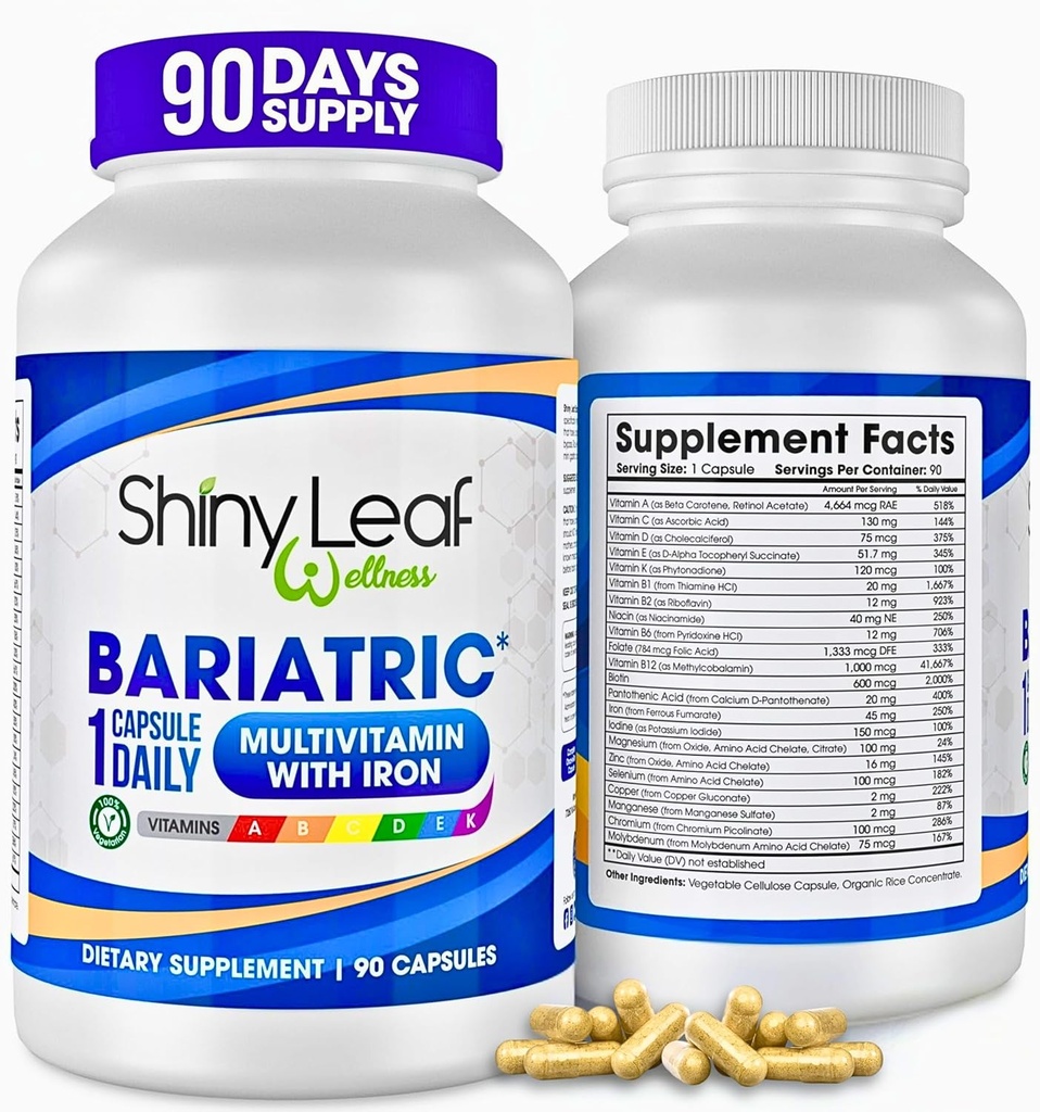 Shiny Leaf Bariatric Multivitamin mit Eisen - 45 mg für Magen-Bypass, Sleeve Gastrectomy, Roux-en-Y, Duodenal Switch - 22 Vitamine & Minerals, ASMBS Compliant, Vegetarian, Made in USA, GMP, 90 Ct.