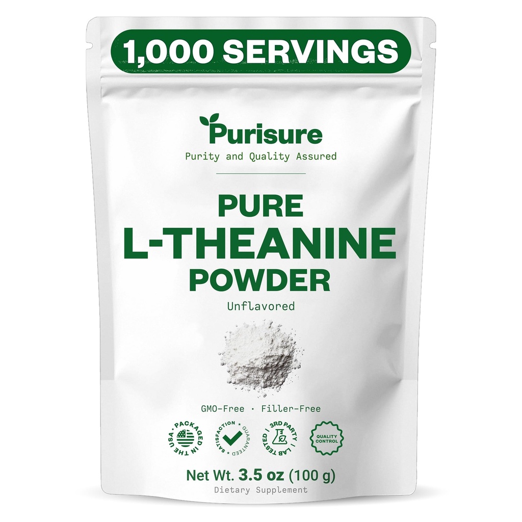 Purisure L-Theanine Powder, 100 g, Pure L Theanine Powder That Promotes Relaxation and Focus, Supplement for Cognitive Function, No Fillers, Non-GMO, 1000 Servings