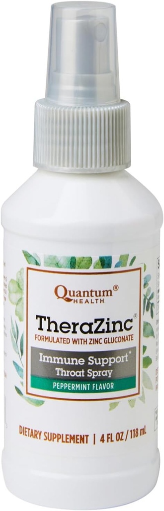 Saúde Quântica TheraZinc Spray Oral, Zinco Immune Suporte para Adultos e Crianças, Fornece alívio da garganta em um spray de zinco líquido calmante, 4 Oz.