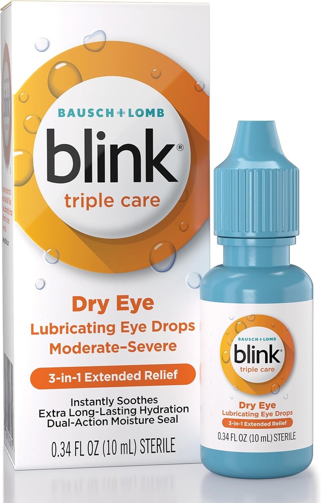BLINK Triple Care Eye Drops for Dry Eyes, Lubricant Eye Drops, Soothing for Moderate to Severe Dry Eyes, with Hyaluronate, Reduces Discomfort, Long-Lasting Hydration, 0,34 Fl Oz