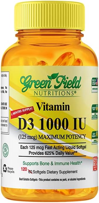 Greenfield Nutritions Halal Vitamin D3 Softgel - høy potens Vitamin D3 1000 IU (125 mikrog), 120 Unflavored Mini Softgels - Halal Beef Gelatin D 3 Vitaminer, støtter Immune Bone Teath Hjerne og Hår