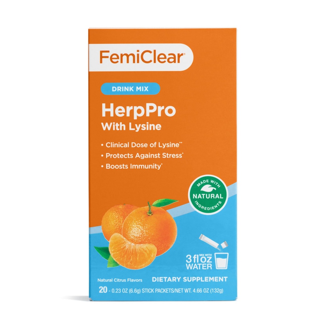 FemiClear HerpPro Drink Mix, with L-Lysine 3000mg, Zinc, Vitamins A & C, Ashwagandha, Immunity & Stress Supplement for Women & Men, 20 Stick Packets