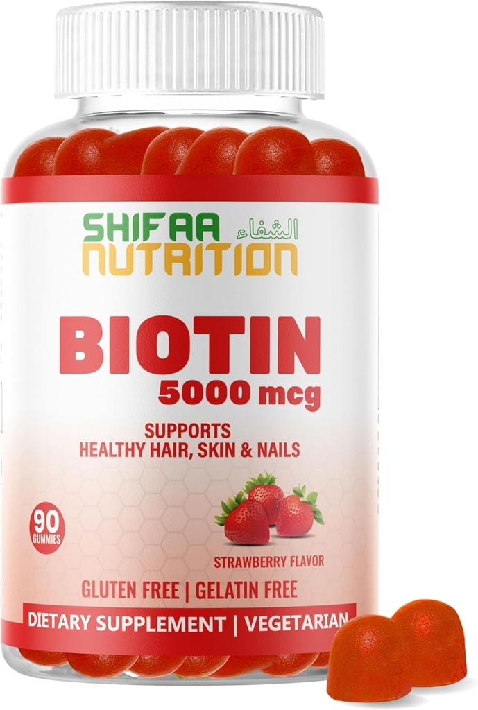 SHIFAA NUTRITION Vegan Biotin Gummies helduentzat eta haurrentzat | 90 Gummies | 5000 mcg 45 Zerbitzuak | Gluten, Gelatin, Peanuts, Egg & Dairy Free | Biotin Gummy Vitamins for Hair, Skin & Nails Halal