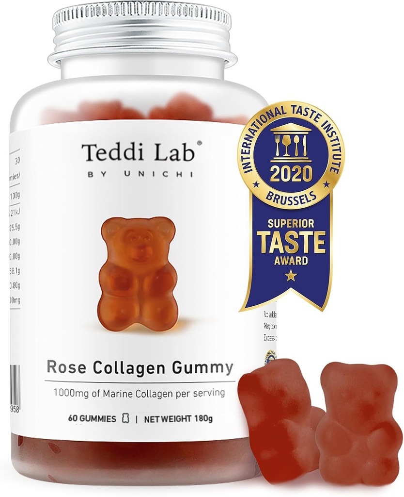 Unichi Rose Collagène Gummy, 1000mg Suppléments de collagène marin à haute concentration pour les femmes avec collagène Peptides, Rose Pétales, Acerola Cherry, Rosehip, 60 Comte