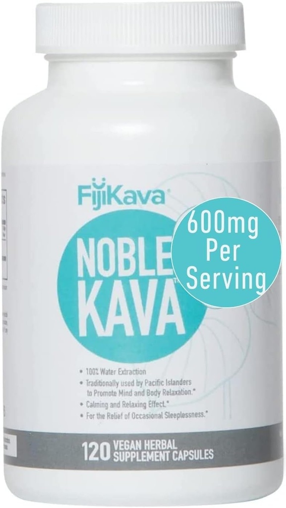 FijiKava Noble Kava Kava Capsules, 600mg Kavalactones Per Serving, Natural Relaxation & Sleep Suplemen, Vegan & Non- GMO, 120- Count, Premium Piper Methysticum Extract for Calm & Stress Relief