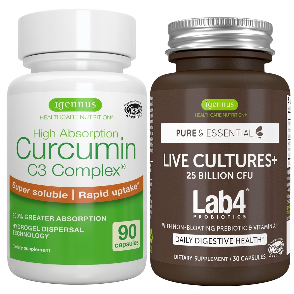 Live Cultures+ Lab4 Probiotics + High Absorption Curcumin C3 Complex Vegan Bundle, 25 Billion CFU Probiotic, Non-Bloating Prebiotic + 300% Greater Absorption Curcuminoids with Rapid Uptake, By Igennus