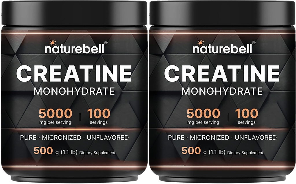 NatureBell 2 Pack Instant Creatine Monohydrate Powder 500g, 5,000mg Per Serving | Micronized, Pure, & Unflavored | Pre-Workout | Keto, Vegan, Filler-Free | 200 Servings (2.2 lb)