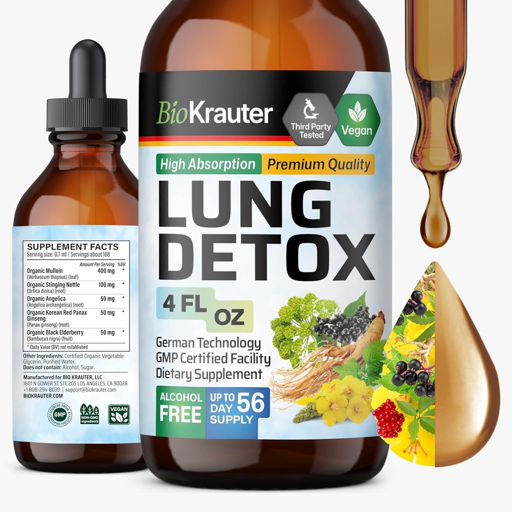 BIO KRAUTER Lung Detox Drops - Pure Vegan Lung Cleanse Liquid Form 4 Fl.Oz 56 Days of Supply - Mix Mullein, Elderberry, Stinginging Nettle, Ginseng & Angelica özü - Respiratory Support