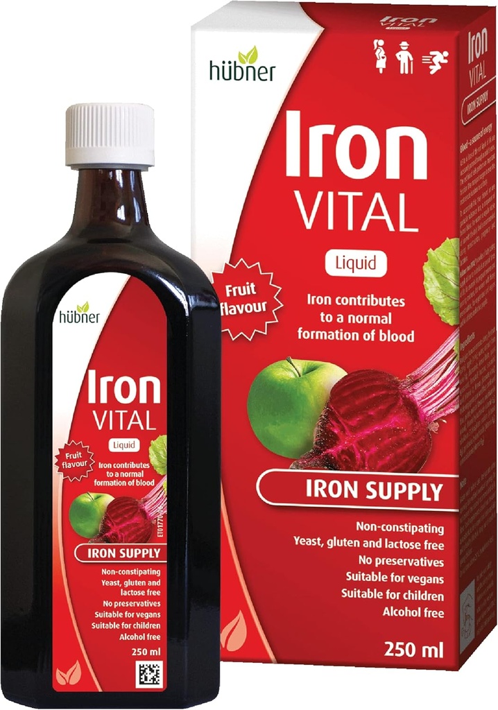 Hübner Iron Vital Liquid Iron Supply Plus bitamina C, Helduen eta Haurren Elikadura Osagarria, Vegan eta Gluten-Free, Fruit Flavor, 250 ml botila, 25 zerbitzatu