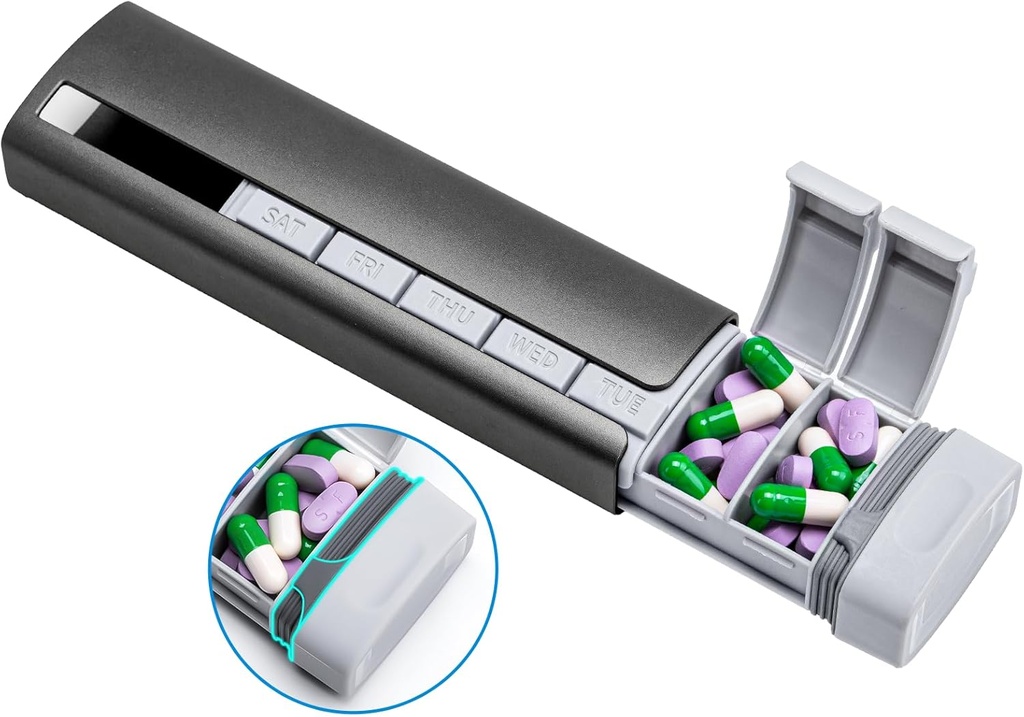 Daviky Metal Travel Pill Organizer, Premium Alluminio Pill Box 7 giorno, Weekly Daily Pill Case, Stylish&Cute Pill Holder for Medicine, Supplementi e Vitamine (Gray)