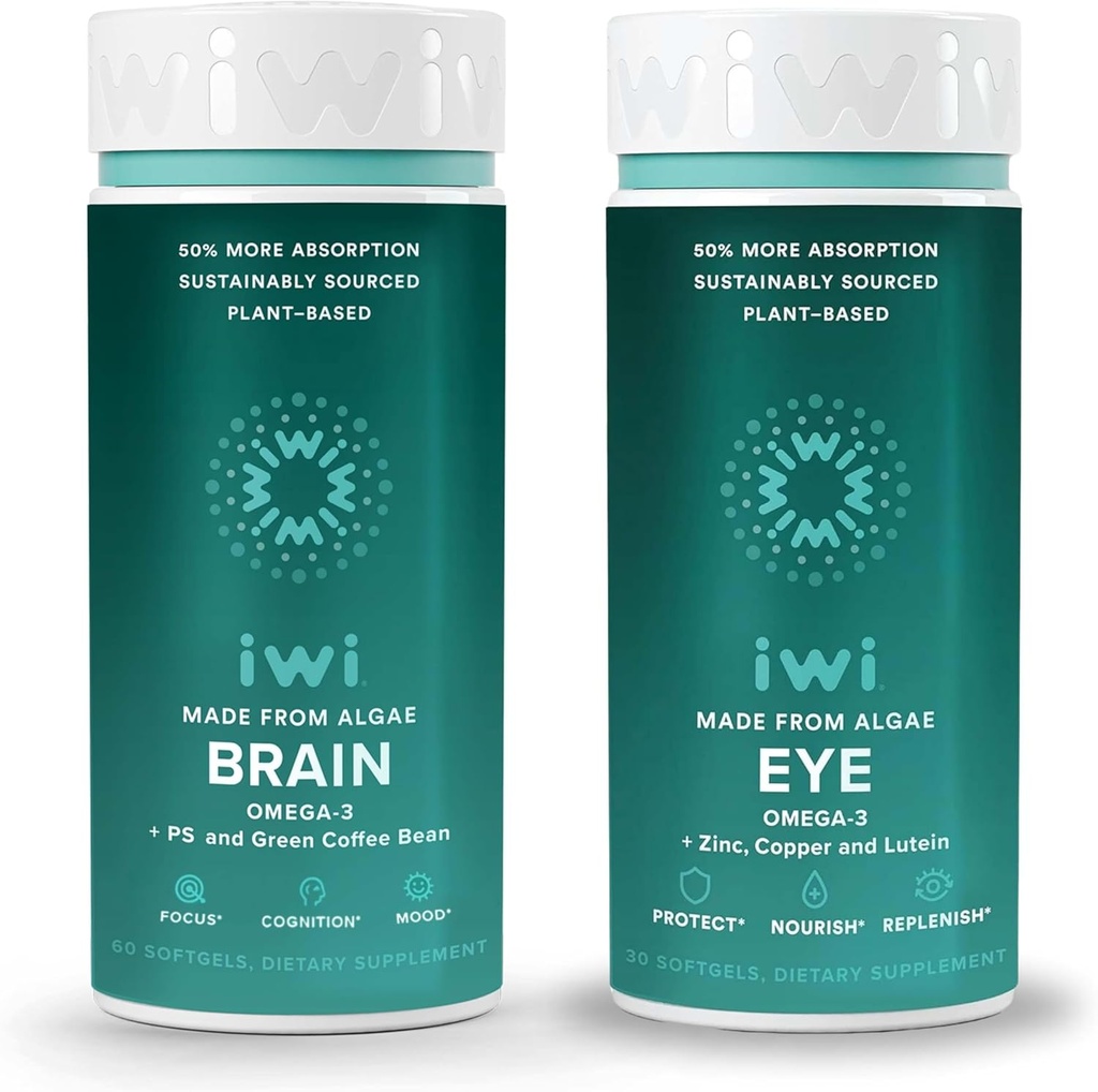 Iwi Life Brain & Eye Omega-3 Paket, 30 Xidmət, Vegan Plant-based Algae Omega 3 EPA + DHA, Krill & Fish Oil Alternative, No Fishy aftertaste