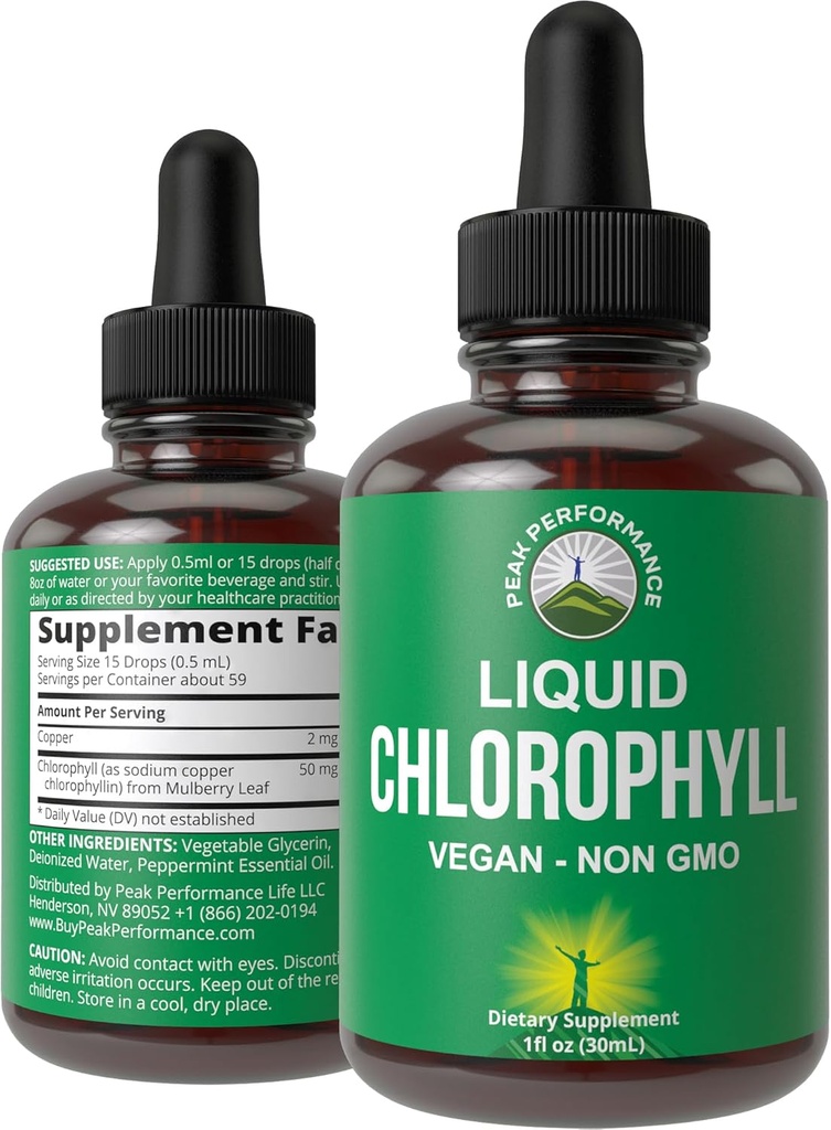 Chlorophyll Liquid Drops - Ultra Yüksək qarşılıq, Alkol Pulsuz, Non-GMO, Gluten Pulsuz mayophyll Drop Supplement. Su ilə alın. Daxili Deodorant + Skin Care, Immune və Digestive Support