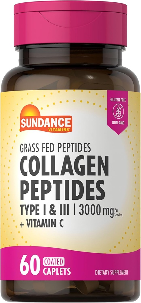Sundance Collagen Peptides Pills - 3000mg - Type I ' II with Vitamin C- 60 count - Non-GMO Free supplement