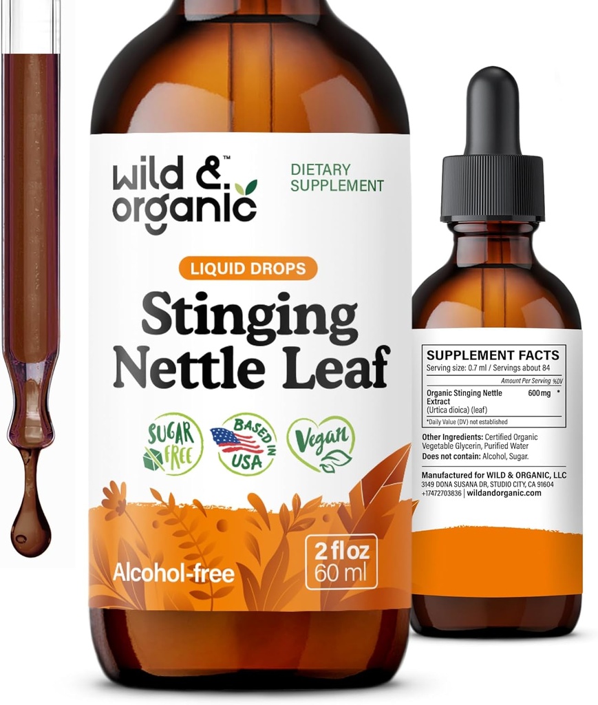 Wild & Organic Stanging Nettle Leaf Extract Drops - Urinary Tract Support - Liquid Stinging Nettle Suplement - Urtica Dioica Tincture - 2 Bulan Supply - Vegan, Sugar & Alcohol- Free - 2 fl oz
