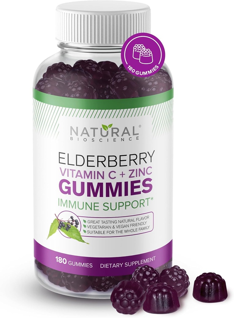 Natural BioScience Sambucus Gummies Elderberry z witaminą C & Cynk, Wsparcie immunologiczne dla dorosłych i dzieci, Codzienne przeciwutleniacz i boost Wellness, 180 Wegan, Gluten- Free, Żużel Gummies Elderberry