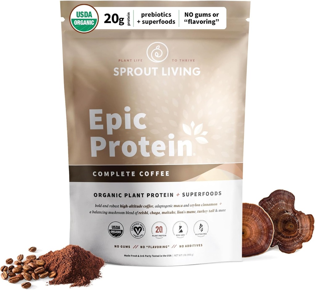 Sprout Living, Epic Protein, Tanaman berbasis Protein & SuperFoods Powder, Komplete Coffee 124; 20 Grams Organic Protein Poader, Adaptogens, Mushroom, Vegan, Non- GMO, Gluten Free (1 Pound, 12 Pelayan)
