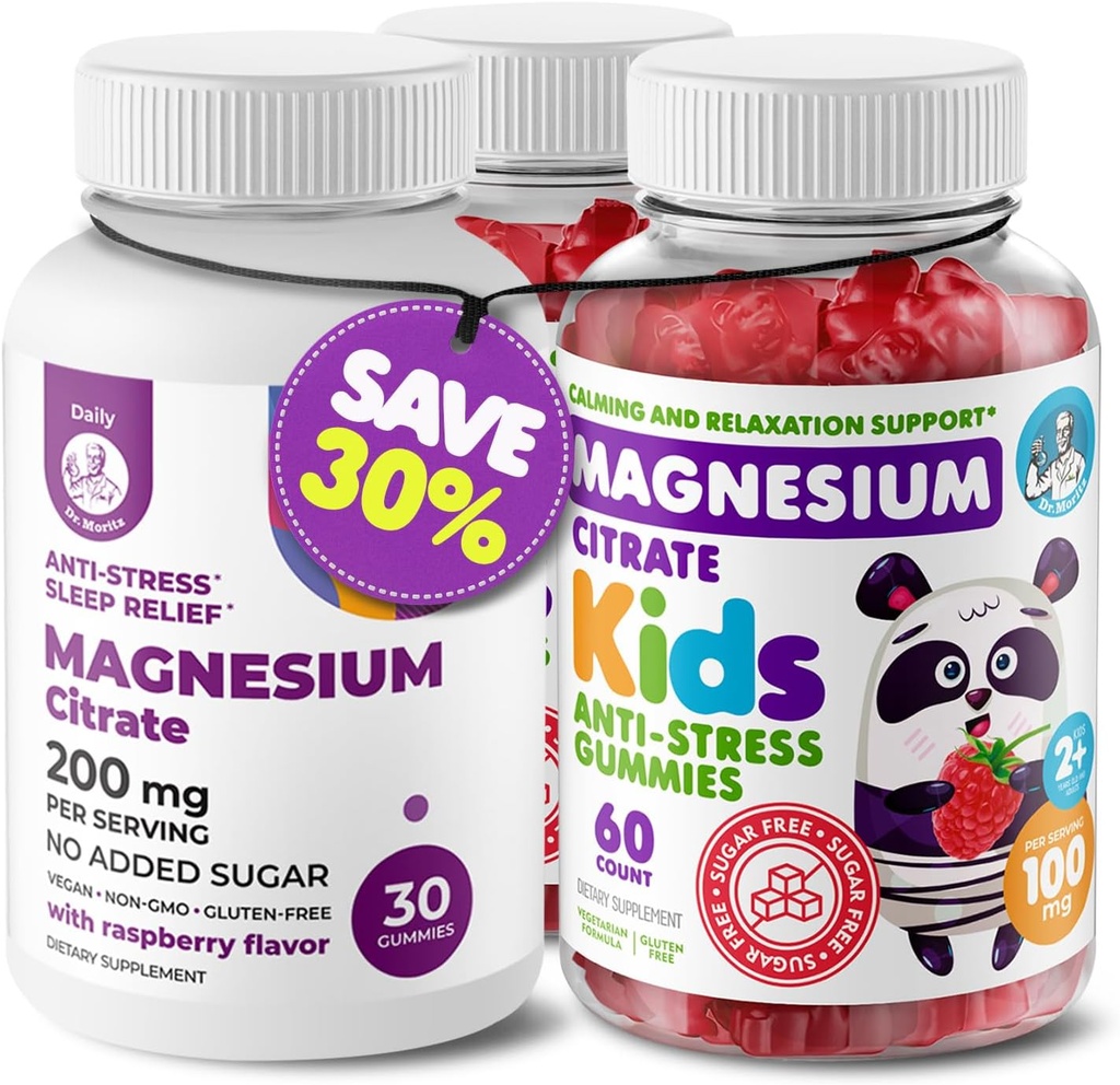 DR. MORITZ Magnesium Bundle - Гумії для дорослих (200mg, 30 Count) і Kids Magnesium Gummies (60 Count, 2 Pack) - Sugar-Free