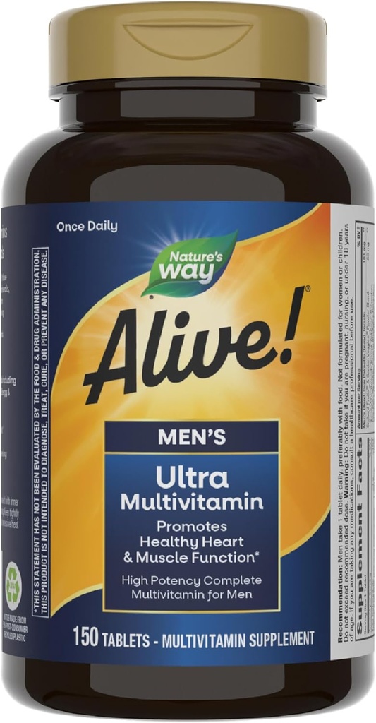 Nature's Way Alive! Mannen Dagelijkse Ultra Multivitamine, Hoge Potentie Formule, bevordert Hart & Spierfunctie*, met Gemethyleerde Vitamine B12, Glutenvrij, 150 tabletten