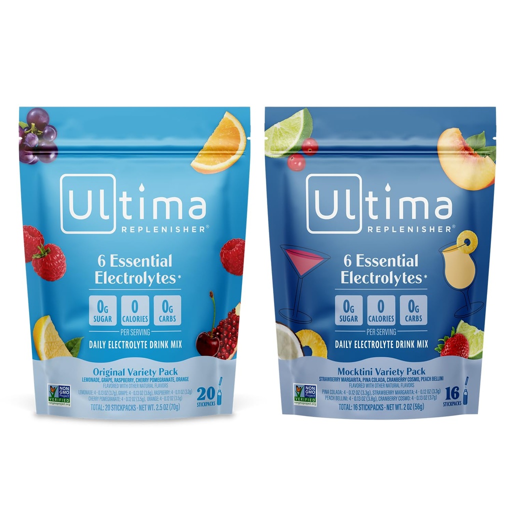 Ultima Replenisher Daily Electrolyte Powder Drink Mix - Sugar Free - Mocktini Variety and Original Variety, 36 Stickpacks - Hydratační balíčky se 6 elektrolyty a minerály - Keto, Non- GMO