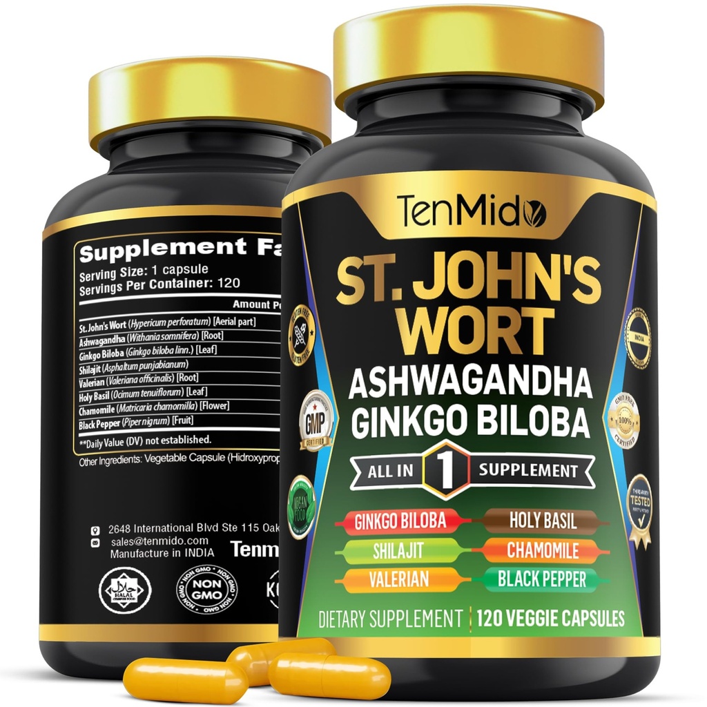 St.John's Wort Supplement - 8in1 Formula - Combine with Ashwagandha, Ginkgo Biloba, Shilajit, Valerian, Holy Basil, Chamomile, and Black Pepper - 120 Vegan Capsules for 4 Months Supply