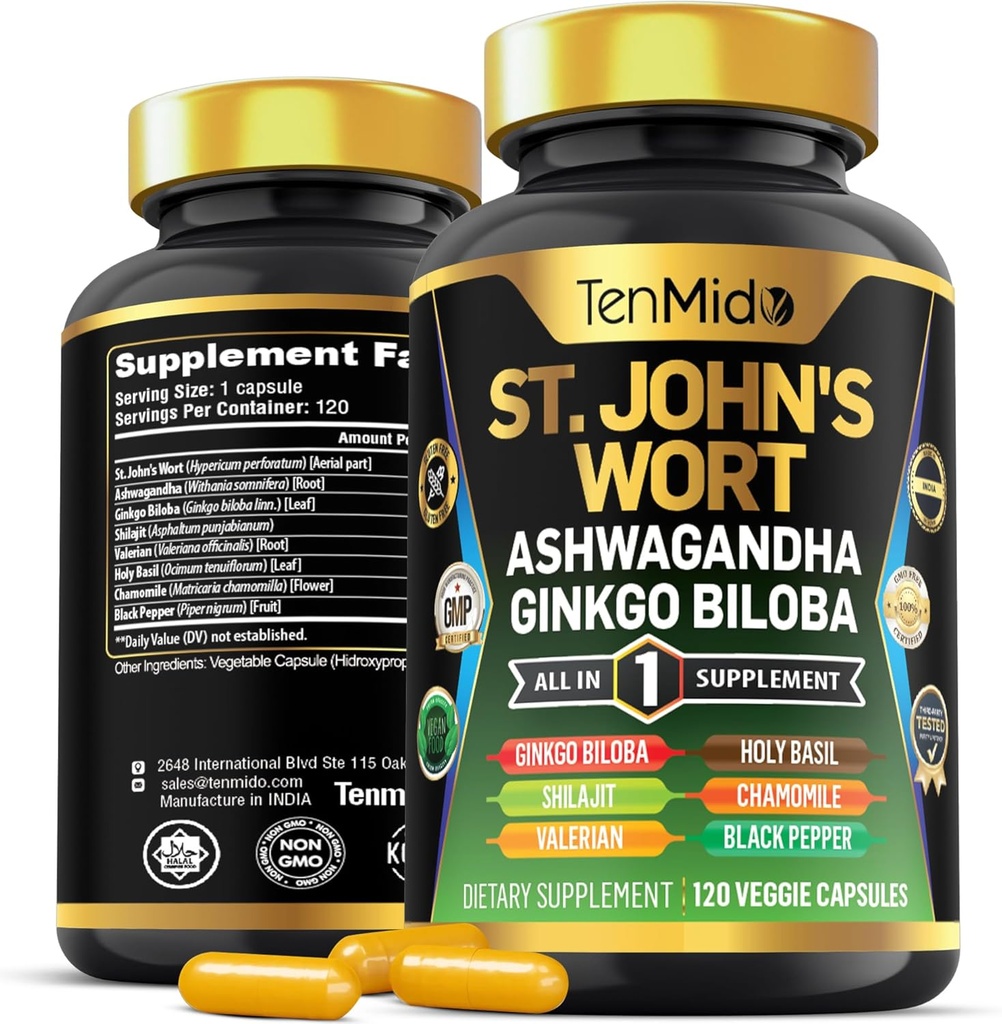 St.John's Wort Supplement - 8in1 Formula - Combine with Ashwagandha, Ginkgo Biloba, Shilajit, Valerian, Holy Basil, Chamomile, and Black Pepper - 120 Vegan Capsules for 4 Months Supply