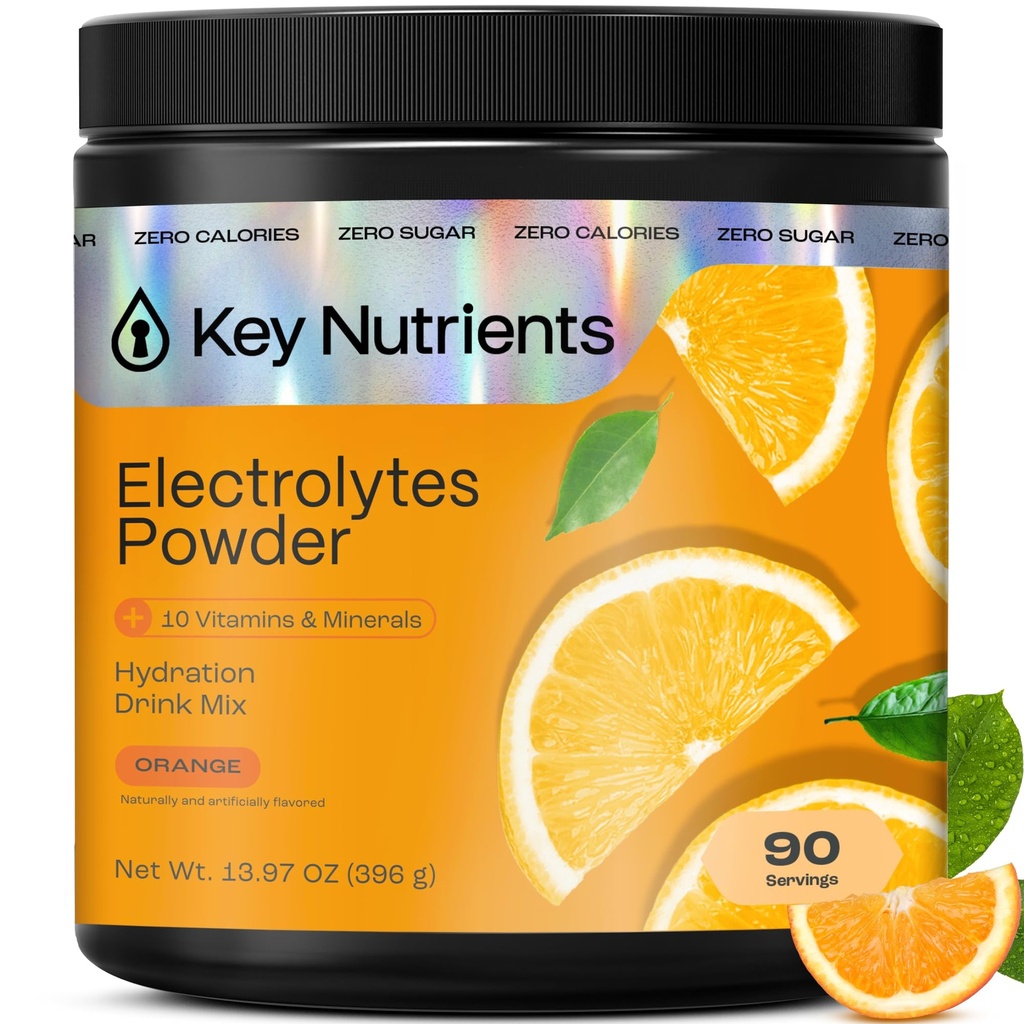 KEY NUTRIENTS Multivitamin Electrolytes Powder No Sugar - Tangy Orange Electrolyte Powder - Endurance & Energy Supplement - Hydration Powder - No Calories - 90 Servings - Made in USA