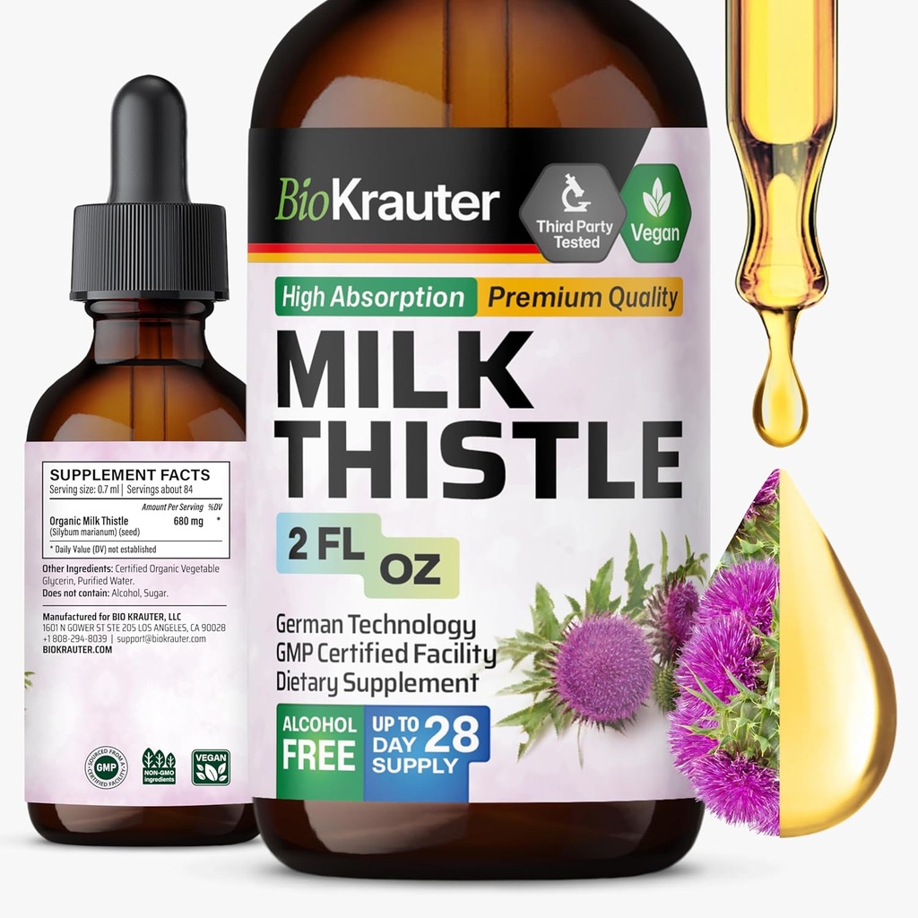 BIO KRAUTER mleko Thistle tekoče kapljice - mleko Thistle Silymarin Jetrna podpora dodatek - Alkohol & sladkor brez tinkture za čiščenje jeter Detox - 2 Fl. Oz.