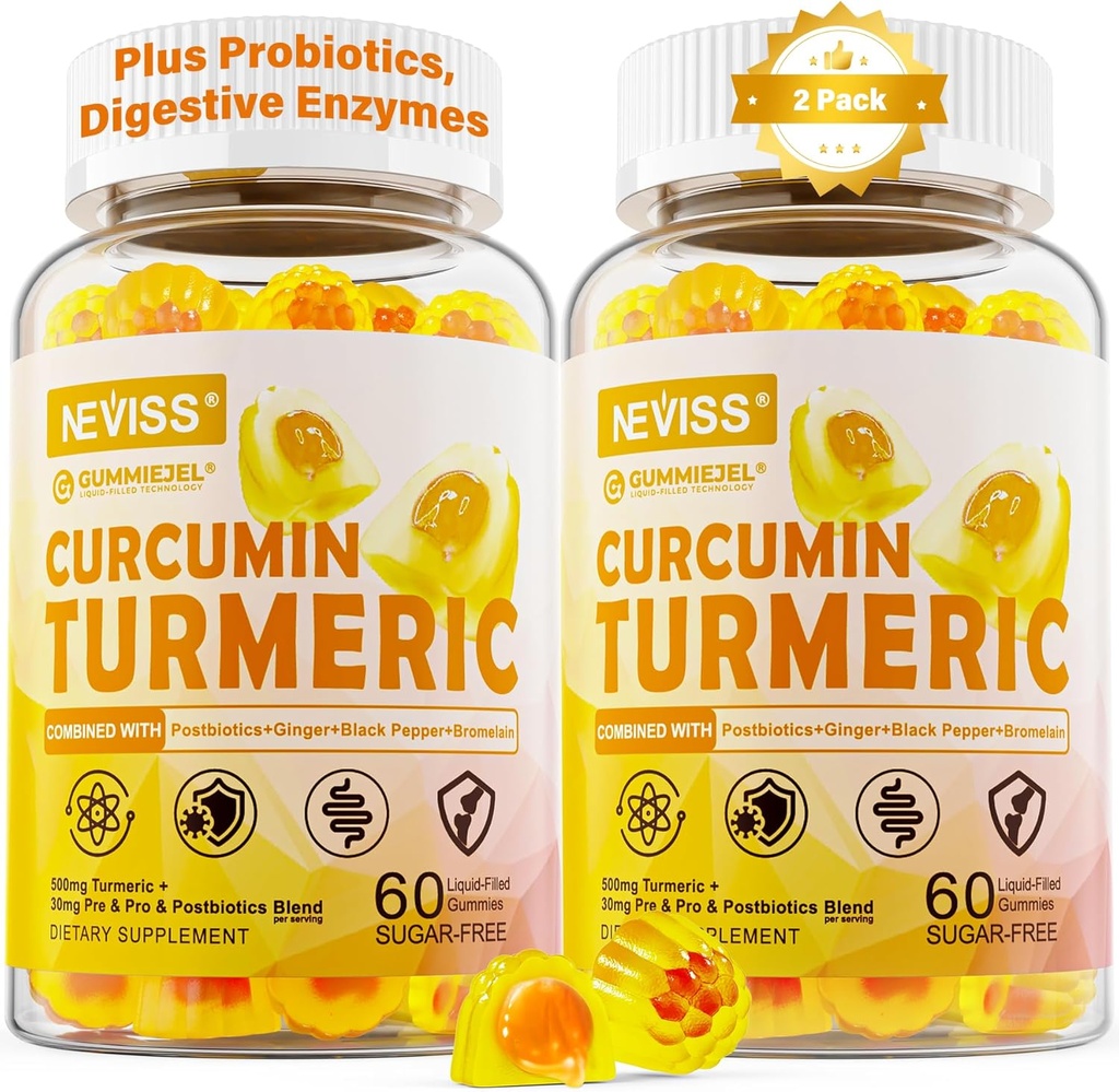 Sugar Free Turmeric Curcumin lấp đầy Gummies 550mg cho người trưởng thành, Ginger & Black Pepper 95% Curcuminoids w/Prebiotic Probiotic & Postbiotic, hỗ trợ, Immune & Reune, Vegan, 2Pack