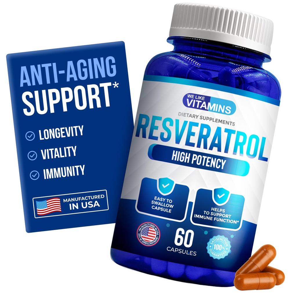 We Like Vitamins Resveratrol 1000mg per Serving - 60 Easy to Swallow Veggie Capsules - Natural Resveratrol Supplement 1000mg - Antioxidant Supplement Helps Support Immune System