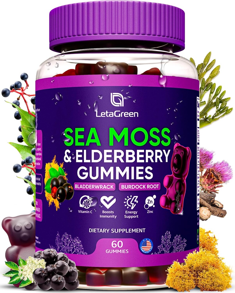 Irish Sea Moss Gummies – Bladderwrack Burdock Root Elderberry Vitamin C & cink – 60 Vegan Seamoss Gummy Bears za odrasle Otroci Moški Ženske – Multimineral Elderberry Vitamins