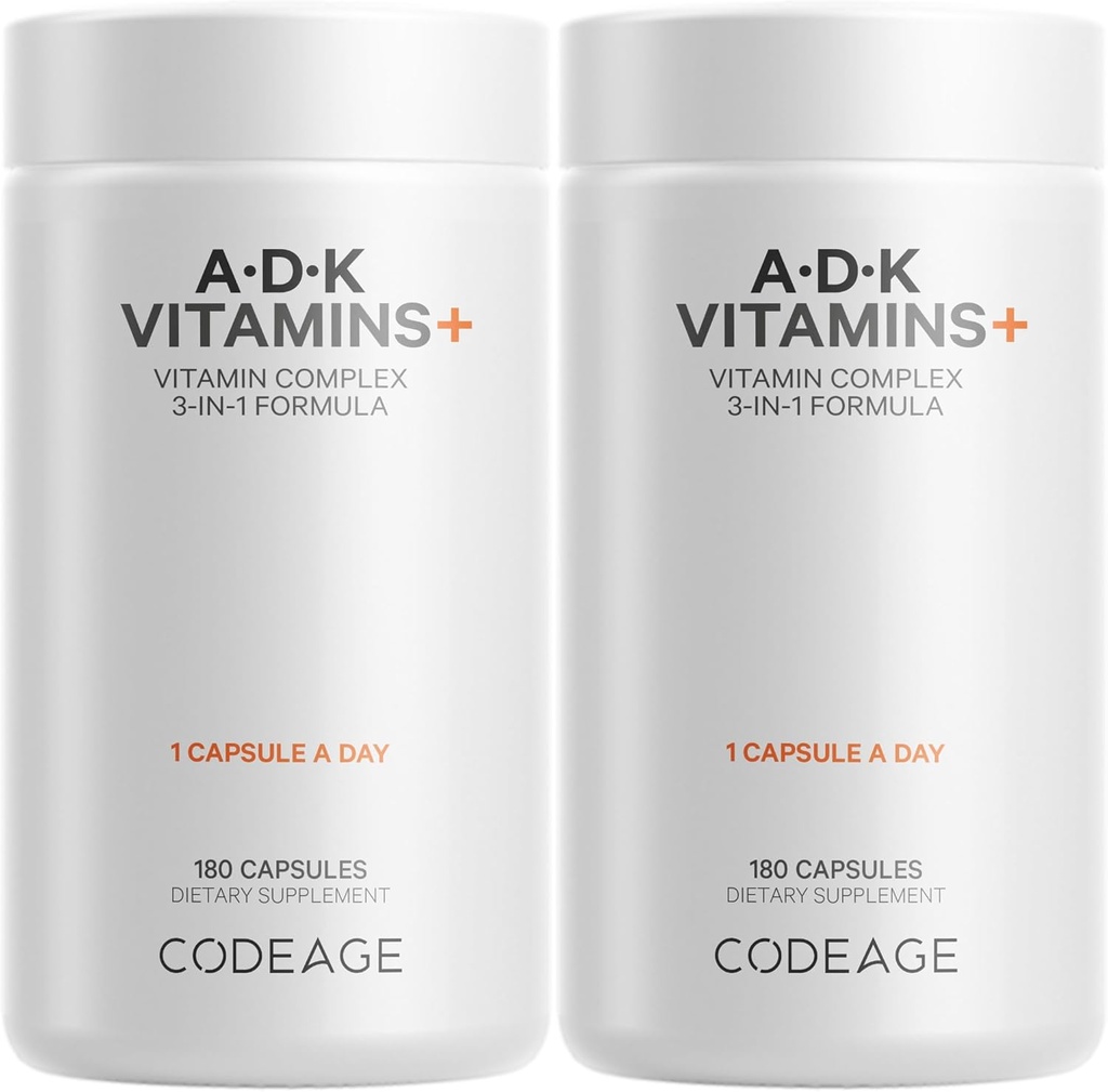 Kodage ADK Vitaminleri Tamam - Temel Vitamin A, D3 5000 IU, K1 & K2 (MK4 & MK7) - 6Month Supply - 1 Capsule per Service, Non-GMO, Gluten-Free - 2Pack