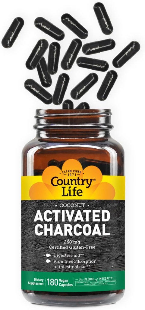 Country Life Activated Organic Coconut Charcoal kapsułki, 260mg - Natural Charcoal Supplement for Gas and Bloating Relief, Gluten- Free, 180 Vegan kapsułki