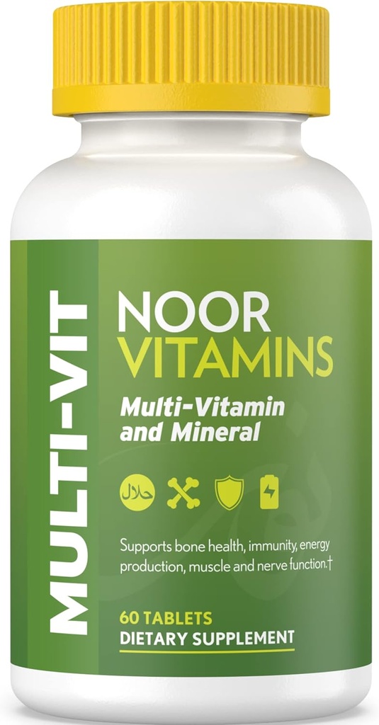Noor Vitaminer Halal Vitaminer, Daglig Multivitamin, Halal Vitamin For Kvinner og Menn, 30 Vitaminer & Mineraler, A, B12, C, Jern, Sink å støtte generell helse, Ikke-GMO, Halal Multivitamin (2 måneders forsyning)