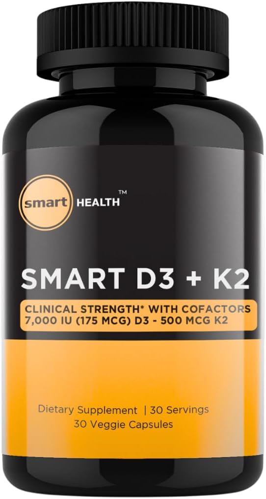 Vitamin D3 + K2 - Bone Helse og immunstøtte - 7000 IU(175 MCG)D3 + 500 MCG K2 - Cofactors B6, Magnesium & Sink - Glutenfri, Vegan, Ikke-GMO - Diett Supplement - 30 Veggie Kapsler