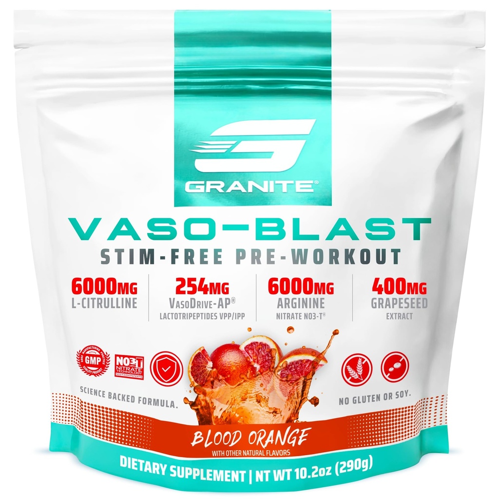 Granite Nutrition Vaso Blast Stim-Free Pre Workout - Non-Stim Nitric Oxide Support for Pump, Physique, and Muscle Capacity - Blood Orange (290g)