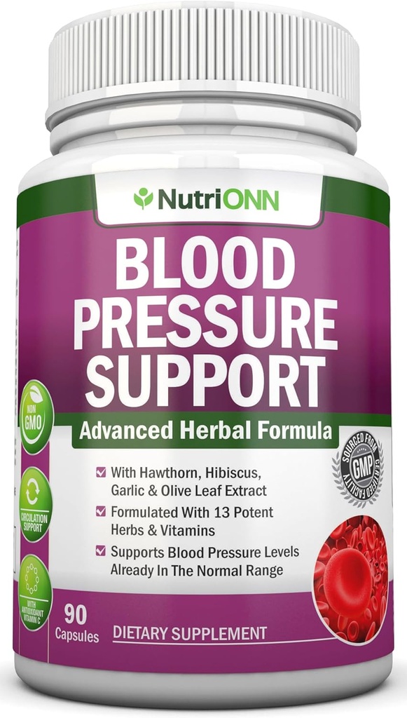 Blood Pressure Support Supplement - 13 Herbs & Vitamins - Hawthorn, Hibiscus, Garlic & Olive Leaf özü ilə - Qadınlar və Kişilər üçün Natural Supplement - Yüksək GMO - 90 Day Supply
