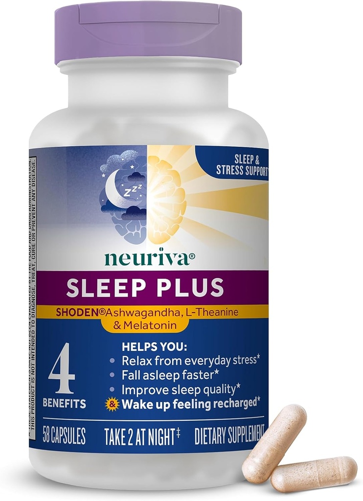 NEURIVA Sleep Plus з 4-в-1 Переваги - Клінічно перевірена Ashwagandha, L-Theanine & Melatonin - Знижувати стрес, задняти застібку, підвищити якість сну, зміяти вгору Refreshed*, 58ct Капсули