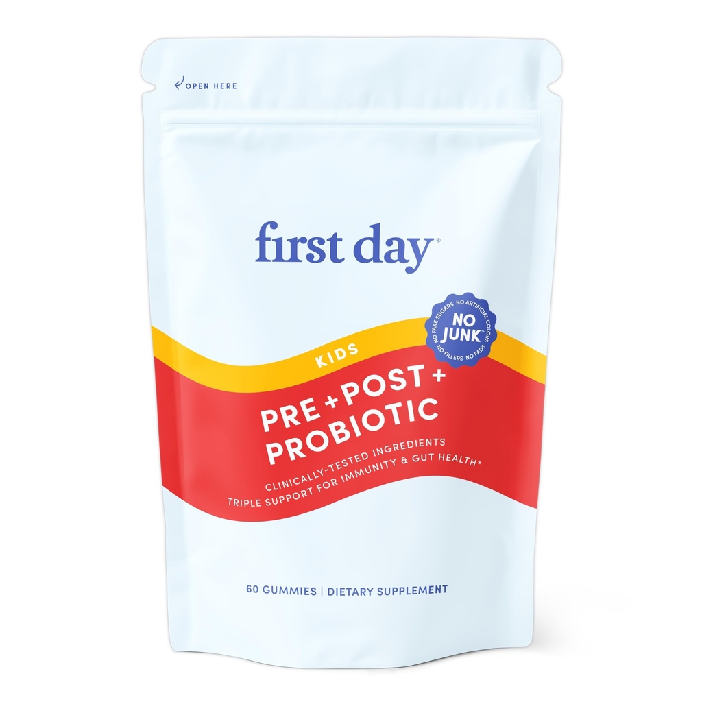 FIRST DAY Kids Probiotic Gummies - 3 in 1 Probiotics for Kids + Prebiotic & Postbiotic - Prebiotics & Probiotics for Digestive Health & Immune Support – Vegan, Gluten Free, 30-Day Supply