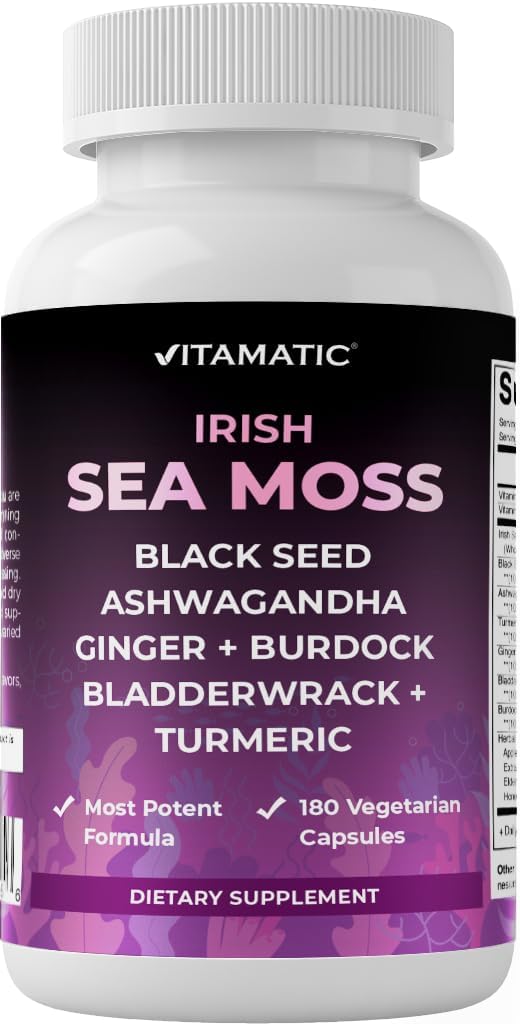 Vitamatic Sea Moss s černým semenným olejem, Ashwagandha, Turmeric, Bladderwrack & Burdock - 180 Vegan Kapsle