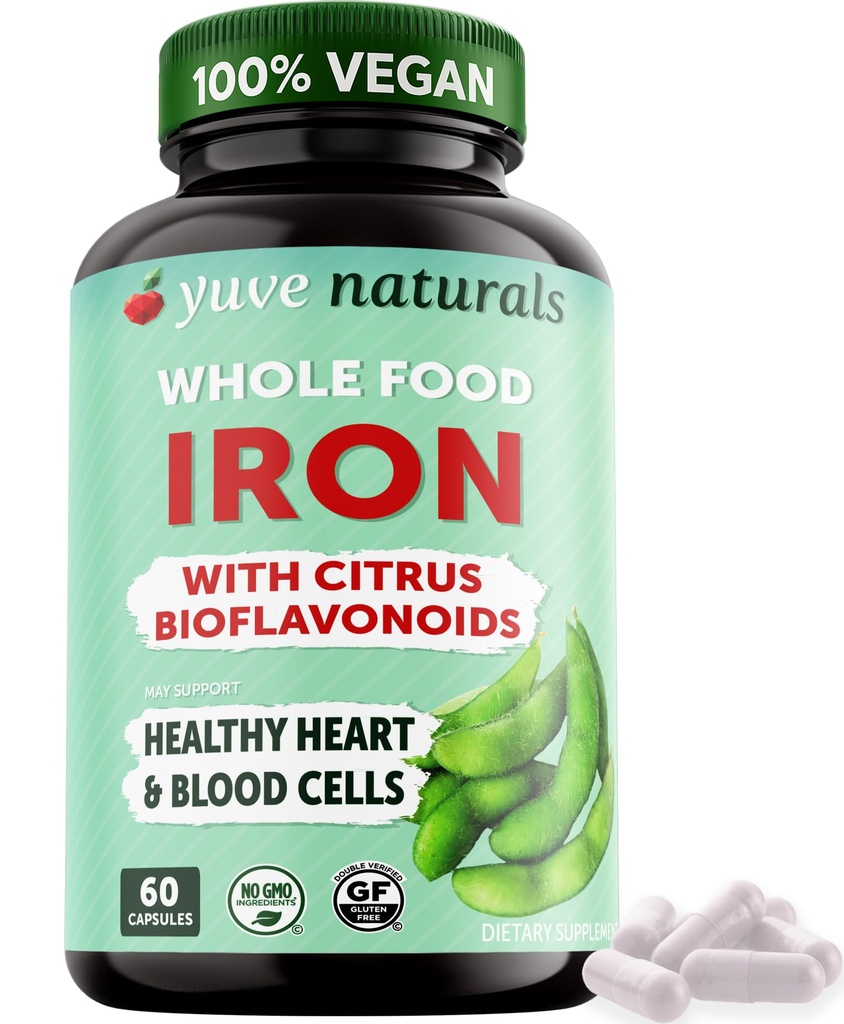 Yuve 100% Vegan Whole Food Chelated Iron Supplement 18mg – Tasteless, Non-Constipating, Gentle on Stomach, Energy Support – Gluten-Free, Non-GMO, 60 Capsules