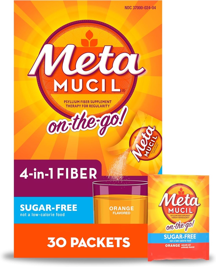 Metamucil On-The-Go, Psyllium Husk Fiber Supplement, 4-em-1 Fibra para Saúde Digestiva, Açúcar Livre, sabor laranja, 30 Count x 2 Packs (60 Count Total)