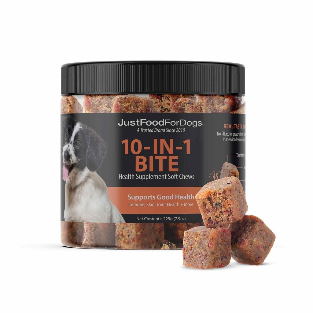 JustFoodForDogs 10-in-1 Supplement for Dogs, Human Grade Dog Supplements, Multivitamin Soft Chews, Immune, Skin and Joint Support, Omega 3 Oil, Superfood Blend, Plant Based Dog Vitamins - 45 Count